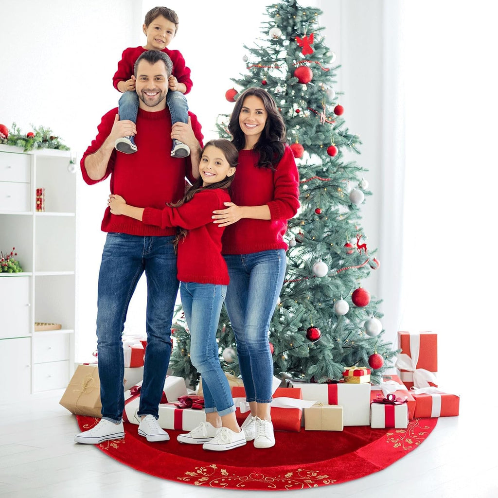 48inch Christmas Tree Skirt Red Luxury Velvet Plush Fur Tree Skirts Xmas Velvet Tree Skirt with Embroidered Holly
