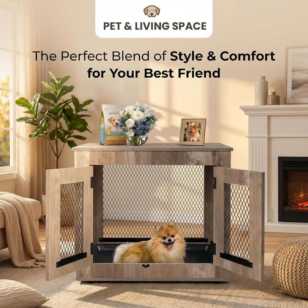 Wooden Dog Crate Furniture - Wire Mesh Door Decorative Dog Kennel End Table for Puppies, Cats, Rabbits