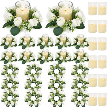 White Rose Candle Rings with Flameless Candles Sets - 24PCS Artificial Flower Eucalyptus Wedding Centerpiece 3 Inch