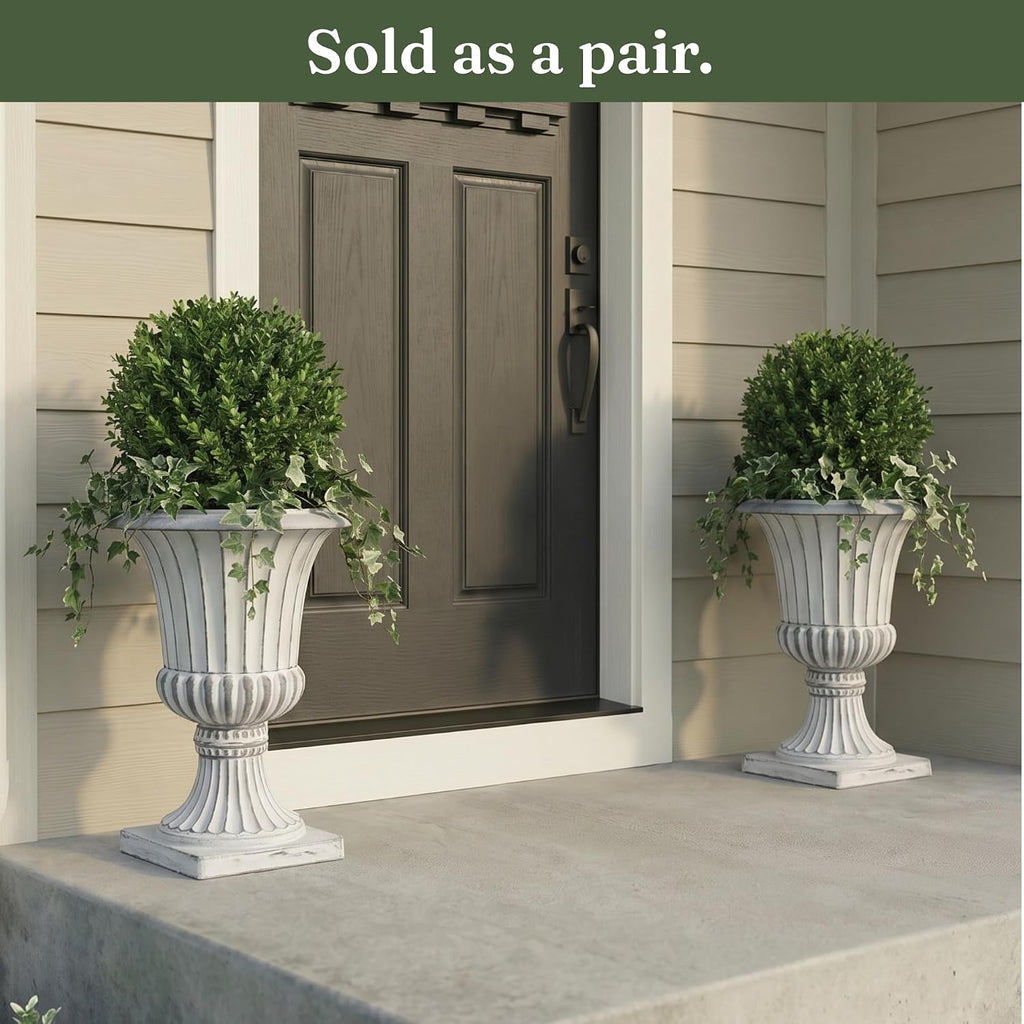 Urn Planters 22", Set of 2, Tall Stone-Resin Pedestal Planters for Outdoor Plants, Large Front Porch Decor, Patio