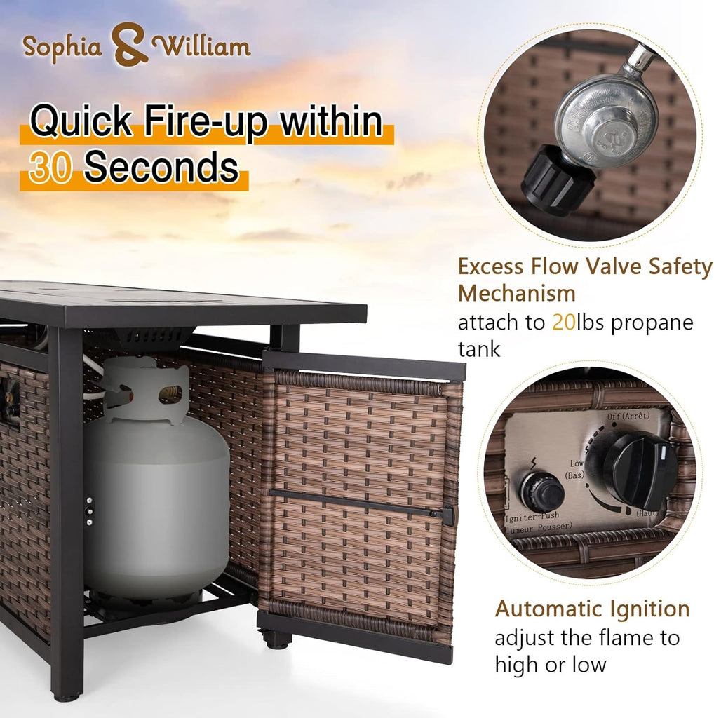 56 Inch Gas Fire Pit Table Outdoor Rattan Propane Fire Table & Fireplace with Fire Glass, Lid, 50,000 BTU Firepits for Outside Patio - Image 2