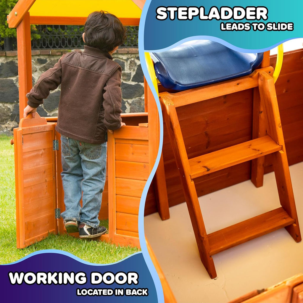 Encinitas Wooden Playhouse with 4' Slide, Yellow Canopy & Table, Outdoor Backyard Playhouse for Kids with Ladder
