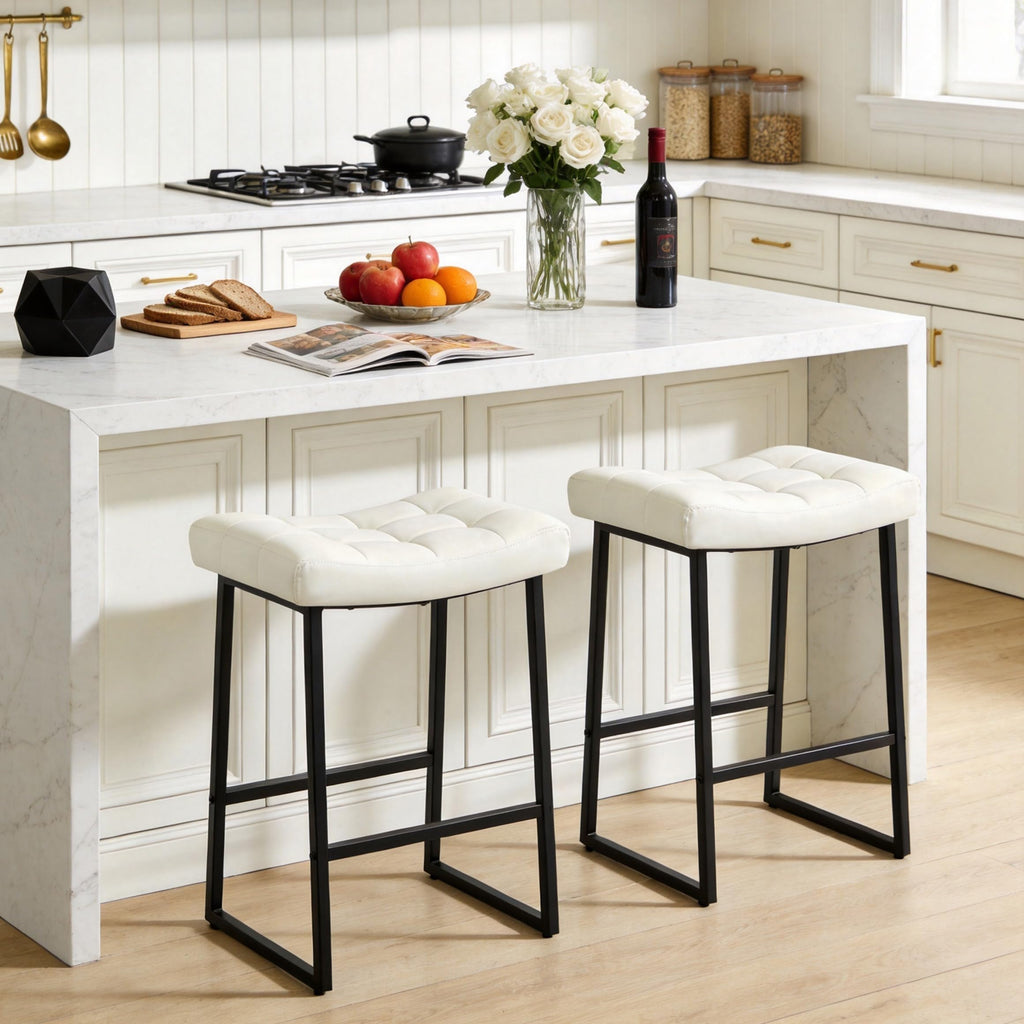 Black and White Counter Height Bar Stool Island Modern Backless Barstool with Upholstered Faux Leather Seat and Metal