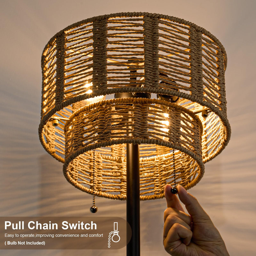 60" Farmhouse Floor Lamps, Pull Chain&Rattan Shade