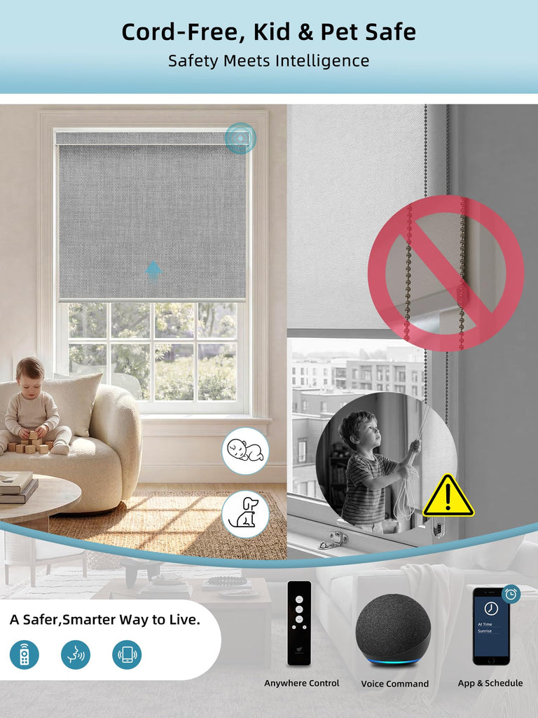 Motorized Smart Roller Shades, 100% Blackout Vigor Pale Grey