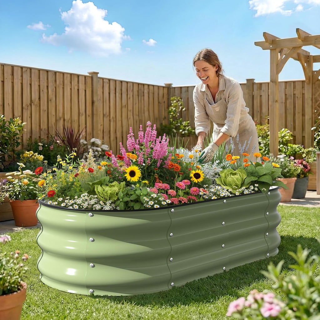 Raised Garden Bed, 4x2x1 FT Galvanized Steel Metal Raised Garden Bed, Oval Open-Bottom Design, 12-Inch Deep for