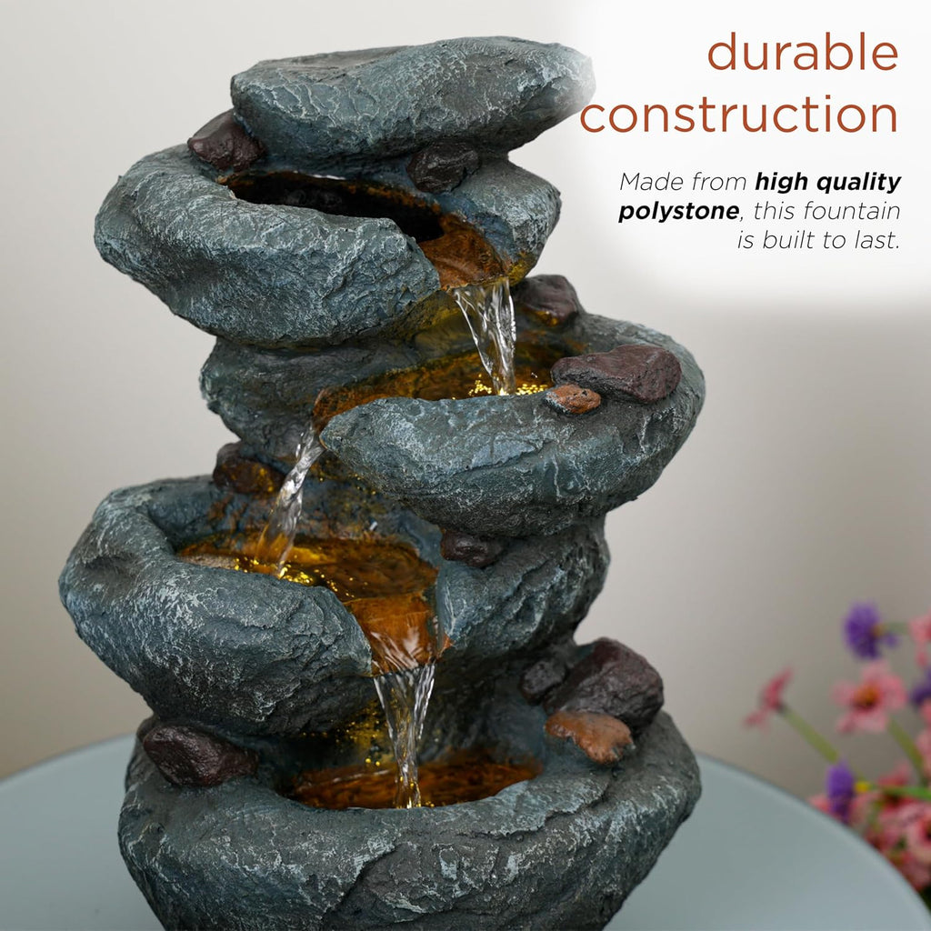14" 3 Tier Rock Fountain with LED Lights, Elegant Cascading Water Feature for Tabletop, Indoor Decor, Relaxing Stone