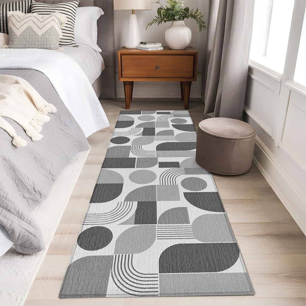 Grey Grid Blocks Runner Rug Non Slip 2x6 Boho Modern Abstract Art Geometric Minimalist Arch Lines Washable Rug Runner