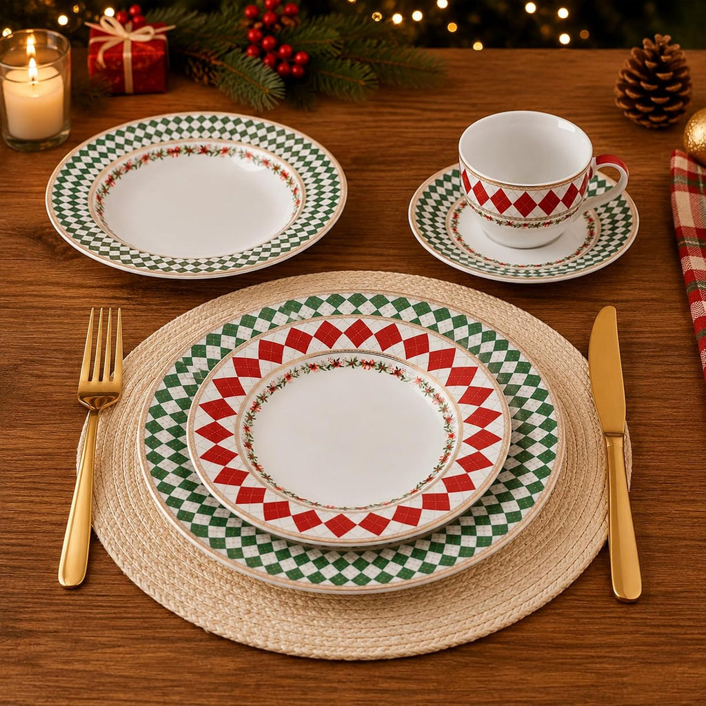 Christmas Argyle Real Gold Trim Porcelain Dinnerware Set, Piece Service for 8 Plates Bowls Mugs