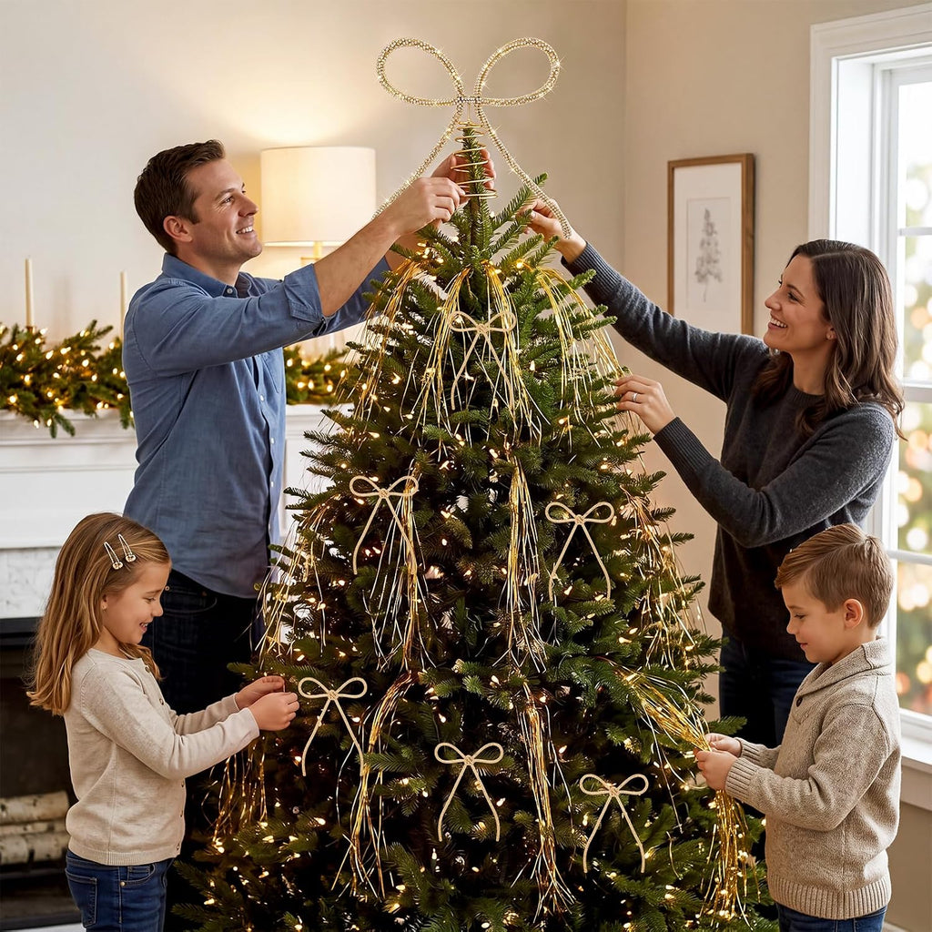 10'' Christmas Rhinestone Bow Tree Topper Ornaments Set, Gold