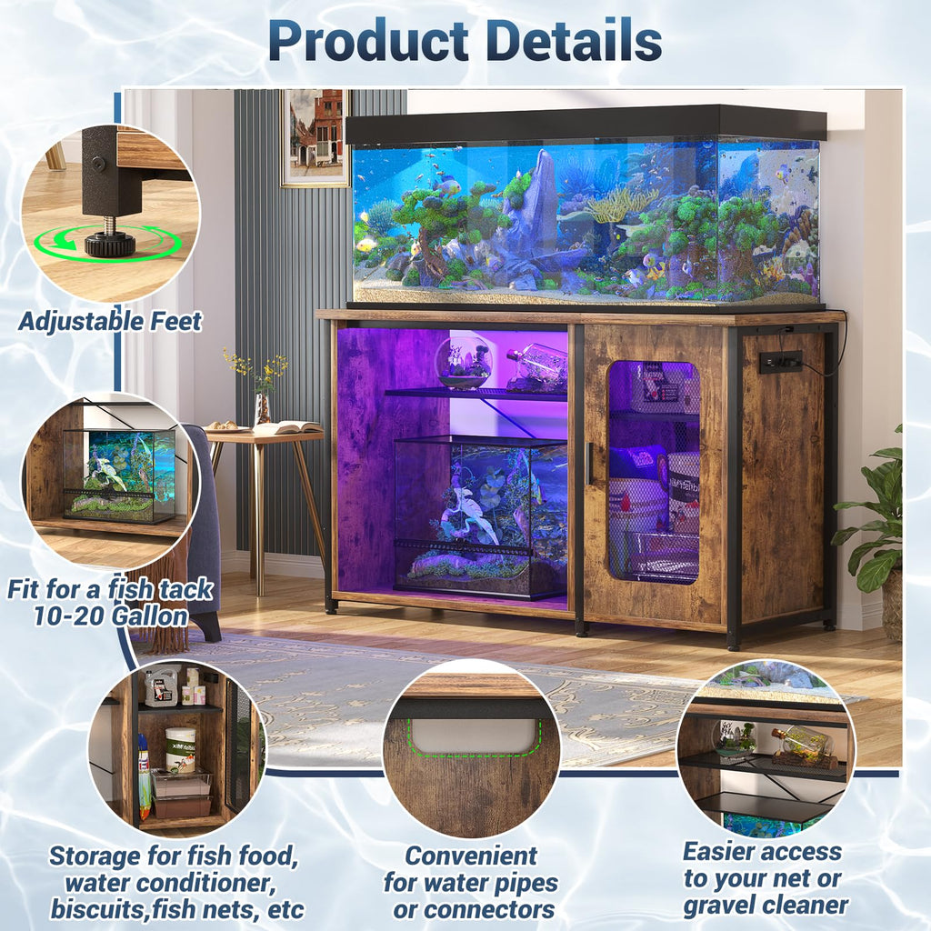 55-75 Gallon Aquarium Stand with Power Outlet & LED, Rustic Brown