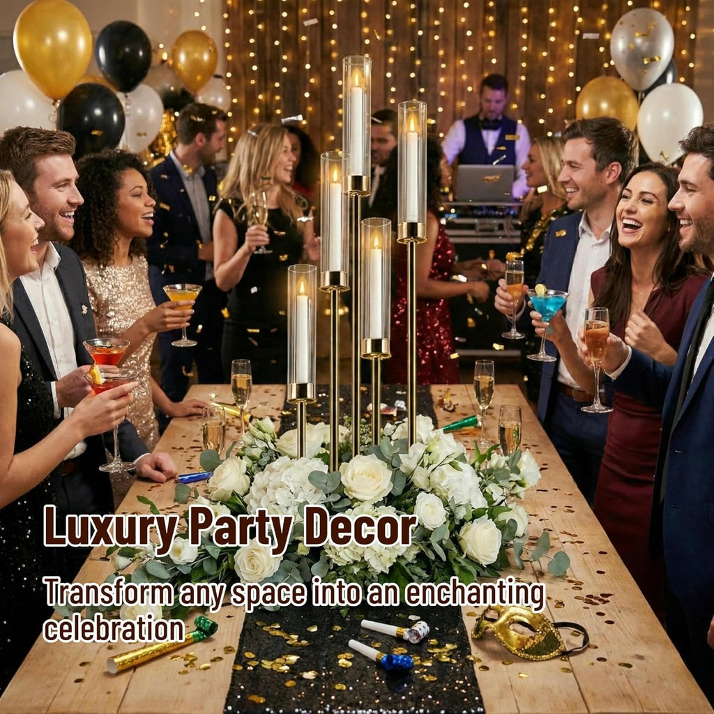 Candelabra Gold Centerpiece 5 Arms Taper Candle Holder Gold Centerpiece with Acrylic Tubes for Table Decoration