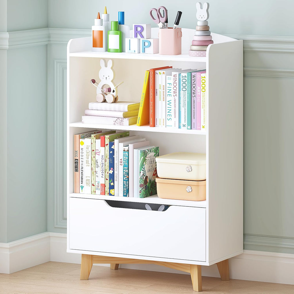 Kids Bookshelf, Children Bookcases with Drawer, Toy Storage Organizer | Corner Book Shelf for Kids Rooms, Solid Wood