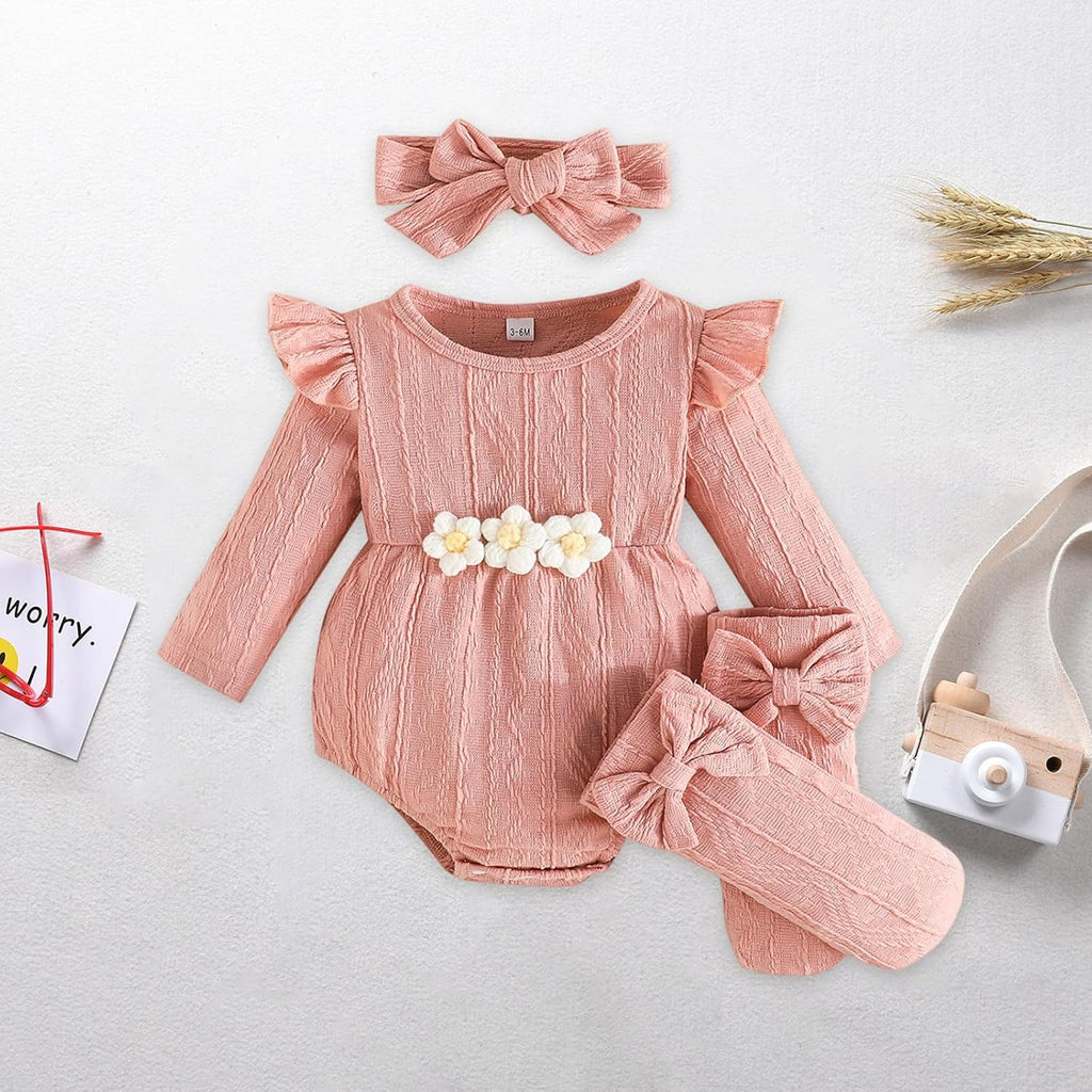 Newborn Infant Baby Girl Cotton Baby Romper Knitted 3d Flower Clothes Long Sleeve Warm Sweater Outfit With Socks