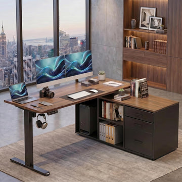 55′′ L Shaped Standing Desk with Drawers, Height Adjustable,Walnut | Electric Executive Desk with File Cabinet Sets