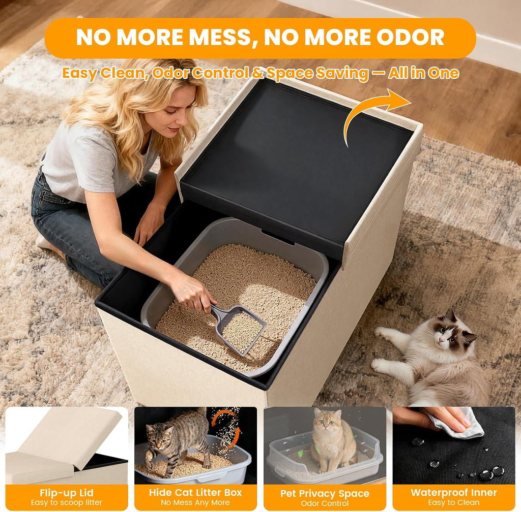 3-in-1 Cat Litter Box Enclosure Furniture, Beige