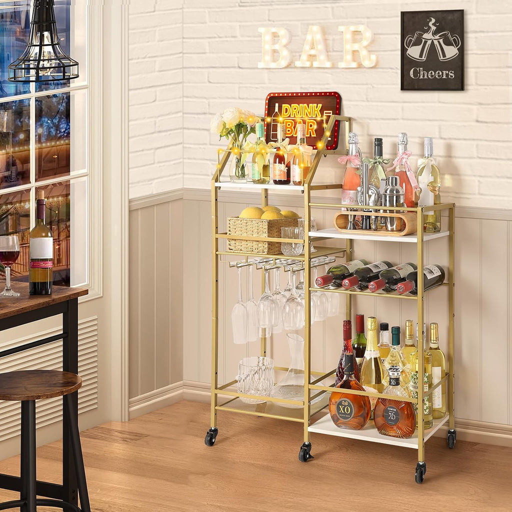 Gold Bar Cart With Wine Glass Holder, Stand , Small Mini Bar for Whiskey Wine, Liquor Cart, Alcohol Cabinet