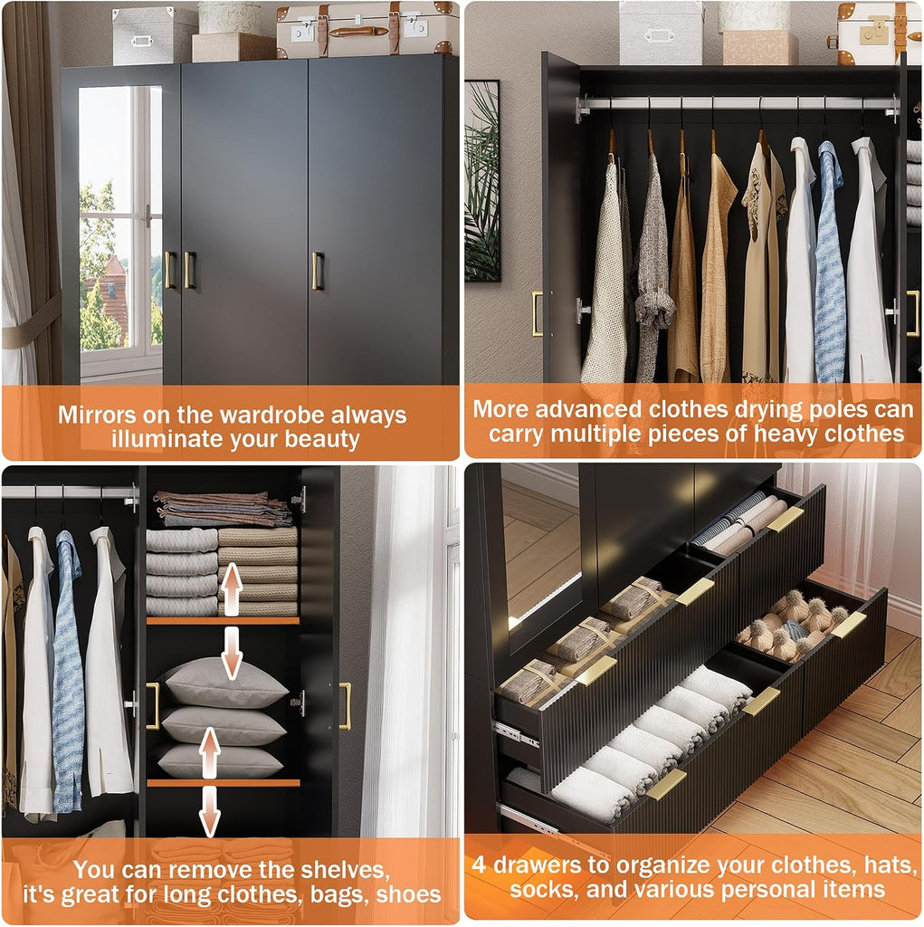 Large Wardrobe Closet, 3 Door Armoire Closet | Mirror and LED Lights, Hanging Rod, Drawers, Armoires and Wardrobes