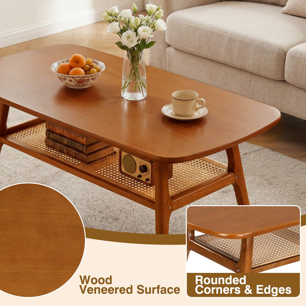 Rattan Coffee Table, 39.5" Wood Coffee Table Walnut