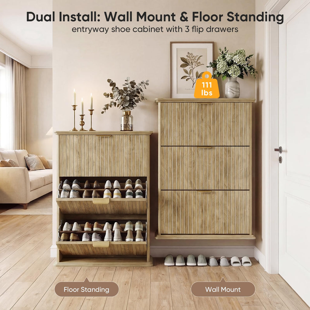 Natural Wood Hidden Shoe Storage Cabinet, Narrow Shoe Rack Cabinet with 3 Flip Drawers, Freestanding Shoe Organizer