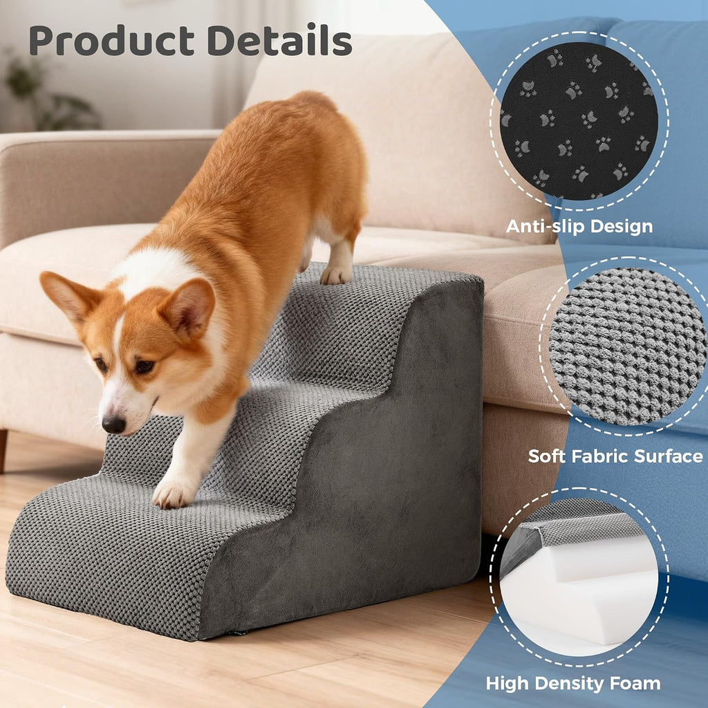 Dog Stairs for Small Dogs and Cats, 3-Step Curved Pet Dog Steps, Grey