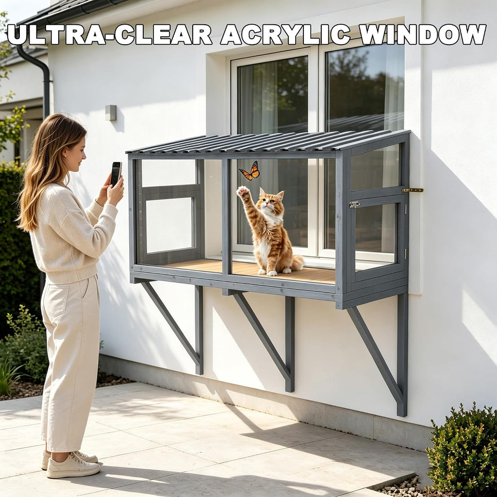Cat Window Box Catio, Outdoor Cat Enclosure with Clear Panels, Grey
