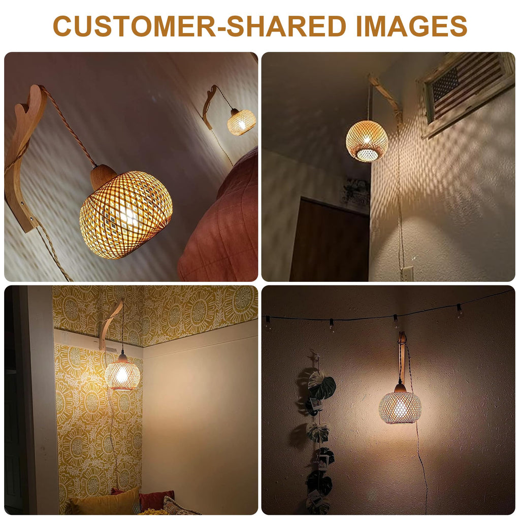 Bamboo Wall Sconces Set of Two Plug in, Boho Wall Lamp with Plug in Cord, Farmhouse Wall Light Fixtures