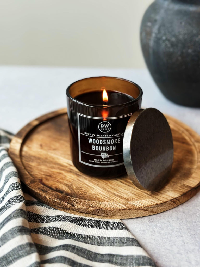 Woodsmoke Bourbon Scented Candle, 9 oz Jar, Hand Poured Single Wick, Up to 33-Hour Burn Time, Smoked Bourbon, Oak
