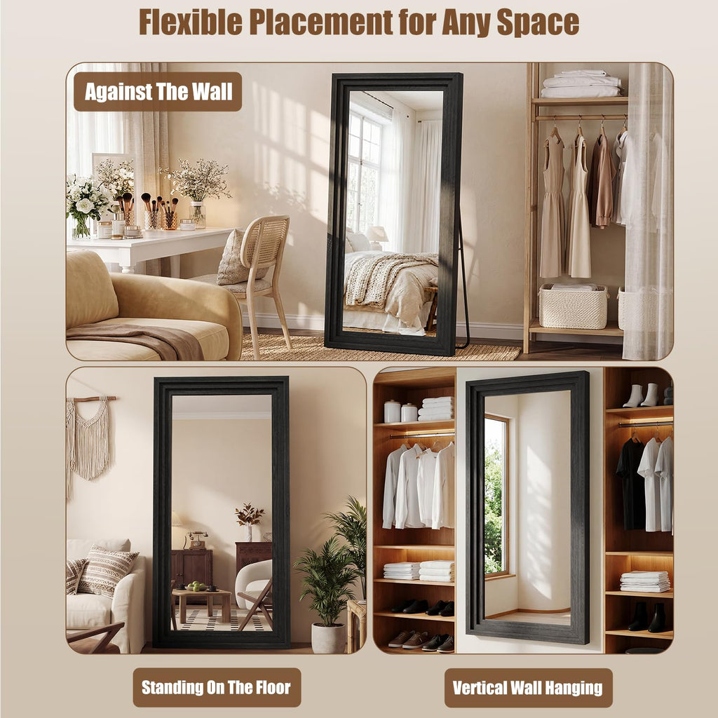 Wood Full Length Mirror 65"x24", Large Solid Wood Frame Floor Mirror