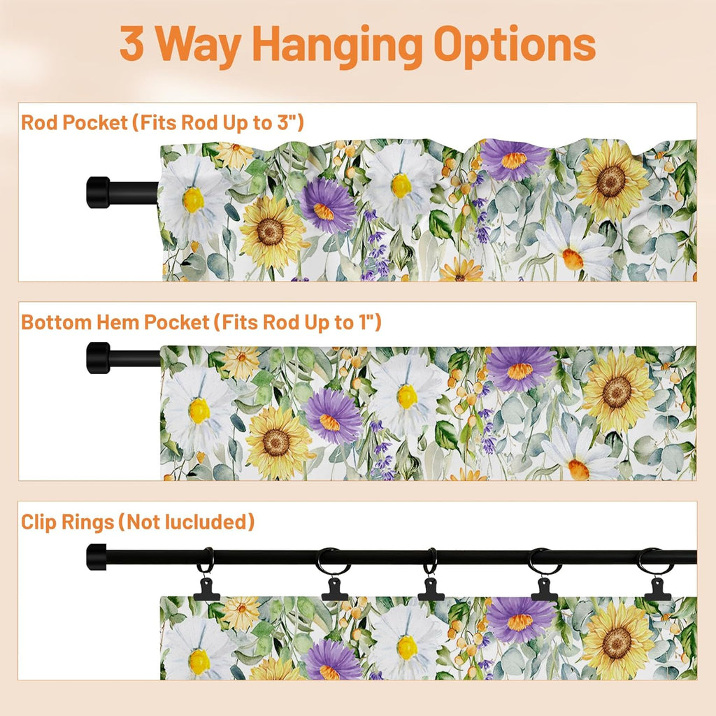 Spring Wildflower Flower Valance for Windows,Window Treatment Curtains Rod Pocket Sheer Small Short Valance for