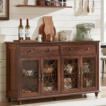 Farmhouse Sideboard Buffet Cabinet with Storage,59" Large Credenza with 4 Glass Doors & 2 Drawers,Adjustable Shelves