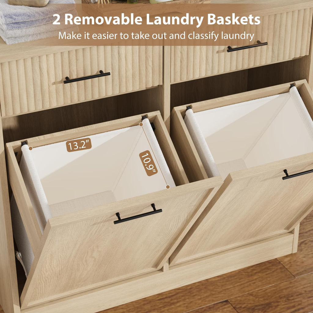 20Gal Double Tilt Out Laundry Hamper Cabinet with Drawers, Natural