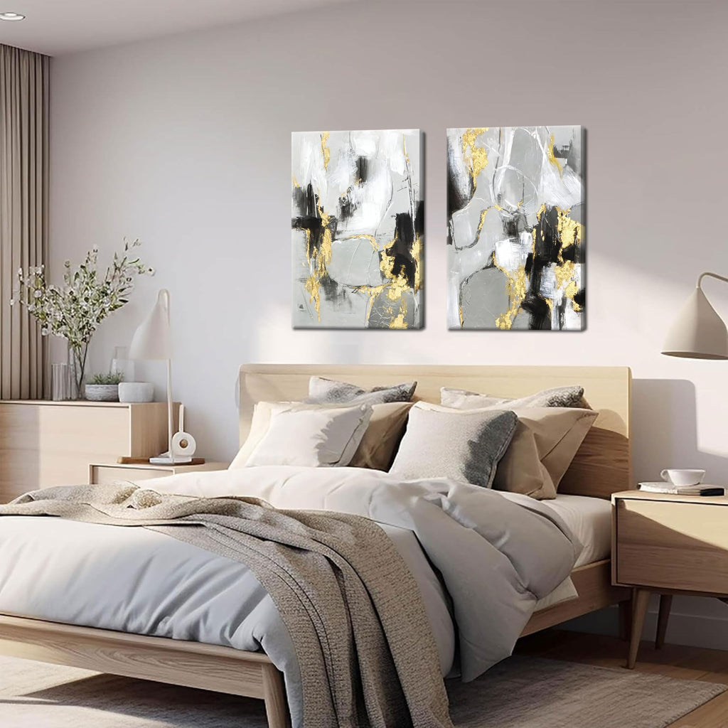 Framed Abstract Black Gold Wall Art Set of 2, Modern Black White Gold Canvas Prints Poster Picture Bedroom Office