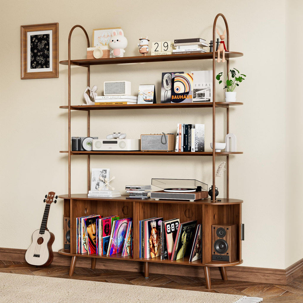 Tall Large Vinyl Record Player Stand, Fluted Long Record Storage Cabinet with Sliding Doors, Mid Century Modern