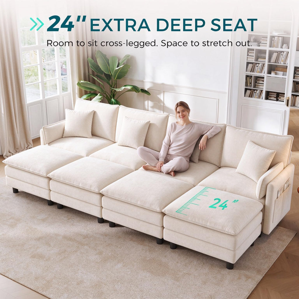 129'' Modular Sectional Sofa 4 Seat Couch Chenille Cloud Couch with Deep Seat, Modern Cloud Couch with 4 Movable