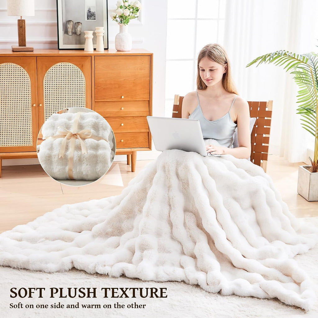 Faux Fur King Blanket for Couch, 1000 GSM Cozy Fuzzy Fluffy Soft Plush Thick Bubble Sherpa Blanket for Sofa Bedroom