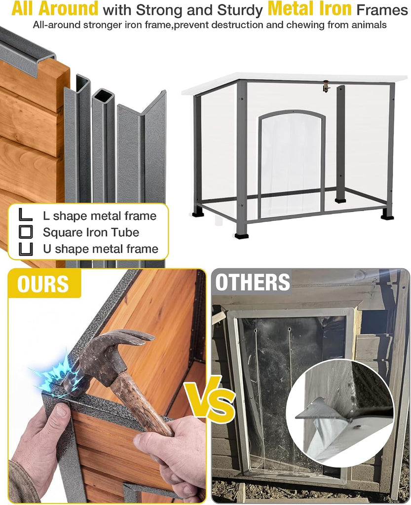 Indoor Outdoor Dog House, Anti-Chewing Iron Frame Dog Kennel, Wood Warm Pets Home, Weatherproof Outside Shelter
