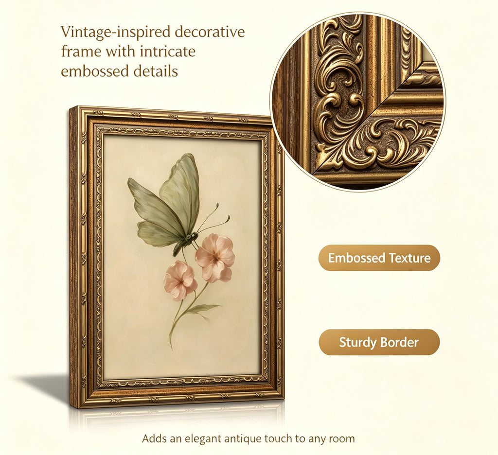 Vintage Gold Framed Wall Art, Retro Butterfly and Pink Flower Oil Painting Canvas Prints, Beige Insect Picture