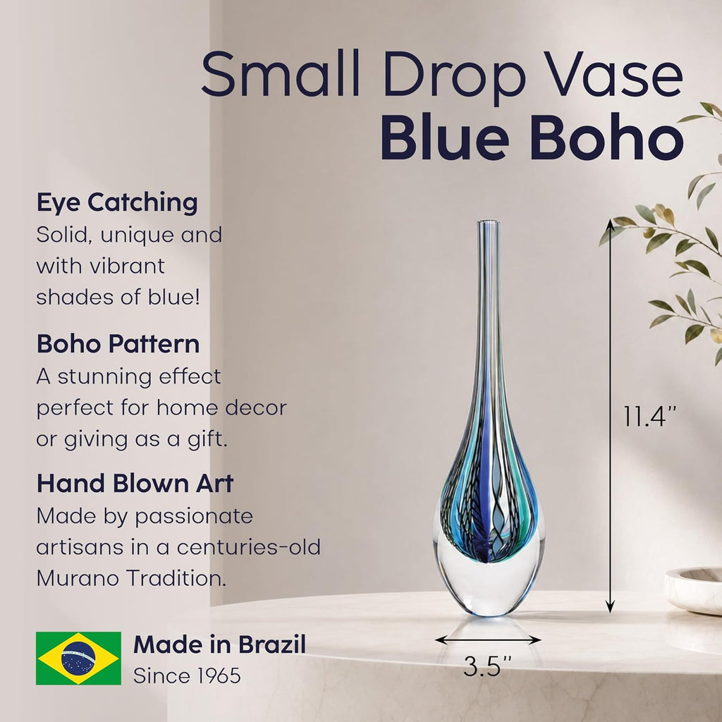 Murano Style Art Glass Drop Vase Hand Blown Blue Boho Effect Home Decor