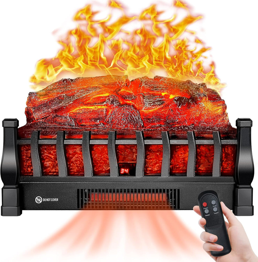 Electric Fireplace Logs Inserts Heater with Infrared Remote Controller 5 Flame Brightness 24 H Timer Overheating