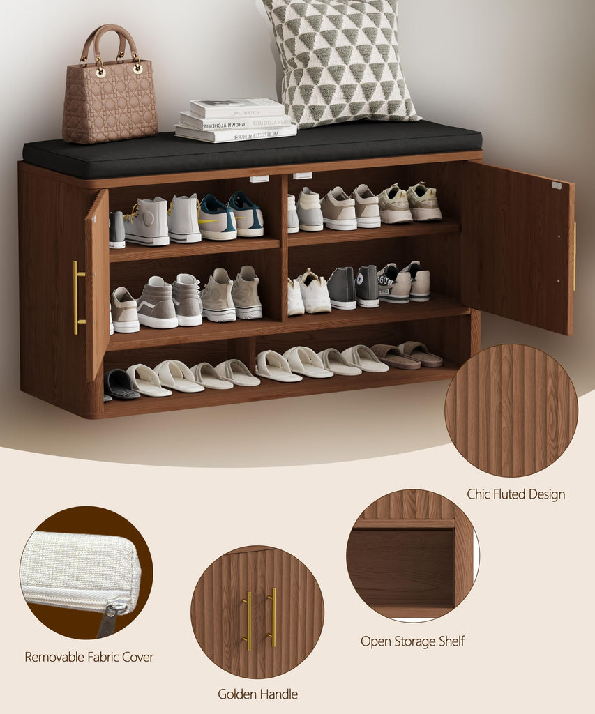 Fluted Shoe Storage Bench, Entryway Bench with Adjustable Shelves