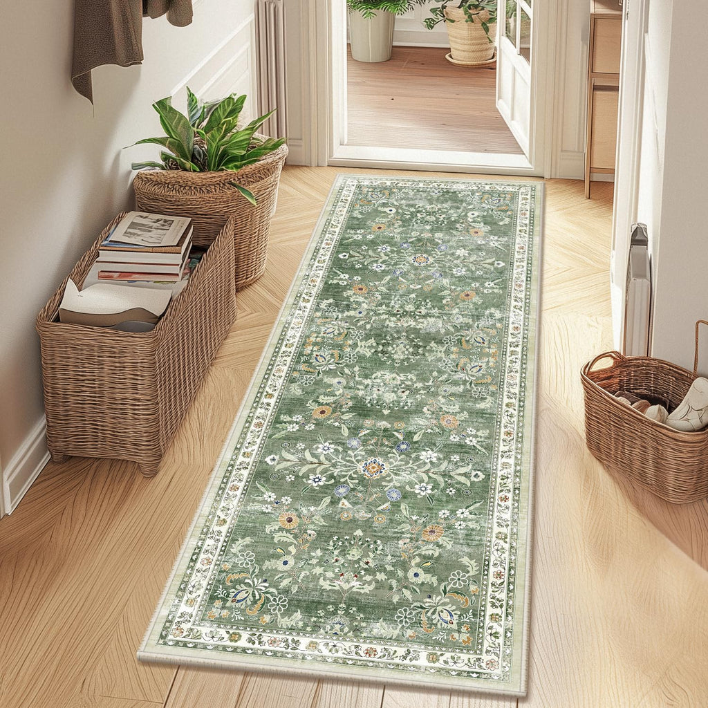 2x12 Washable Hallway Runner Rug Non Slip Floral Carpet, Sage Green