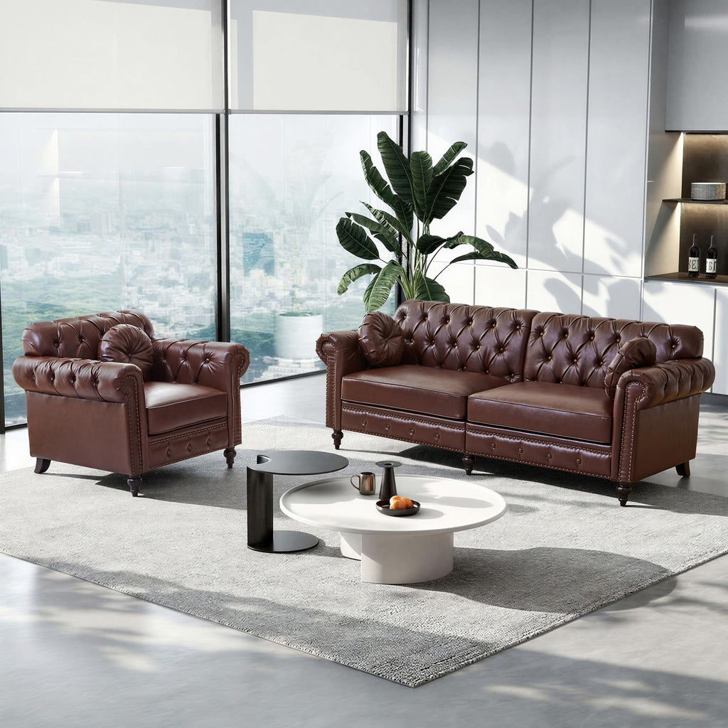 2 Pieces Living Room Furniture Set, High Back Modern Faux Leather Chair Loveseat Couch with Button Tufted, Nailhead
