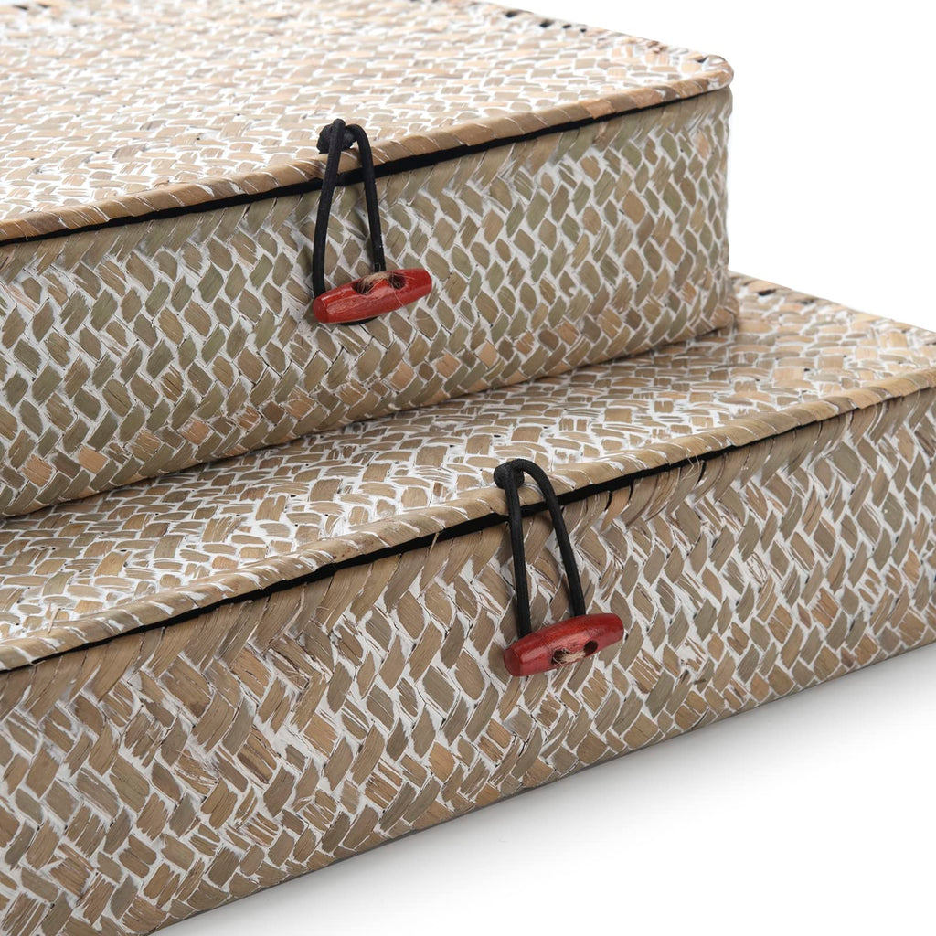 Whitewash Seagrass Basket with Lid for Storage Set of 2 Rectangular