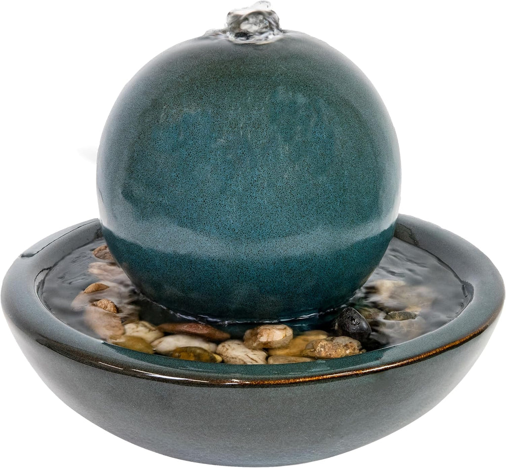Tabletop Ceramic Tabletop Fountain with Orb - Relaxing Indoor Fountain for Meditation - Teal