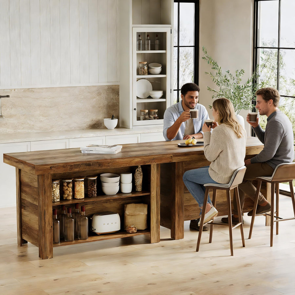 55 Inches Kitchen Island with Storage, 3-Tier Farmhouse Wooden Stationary Island Table with Large Worktop & Leg Room
