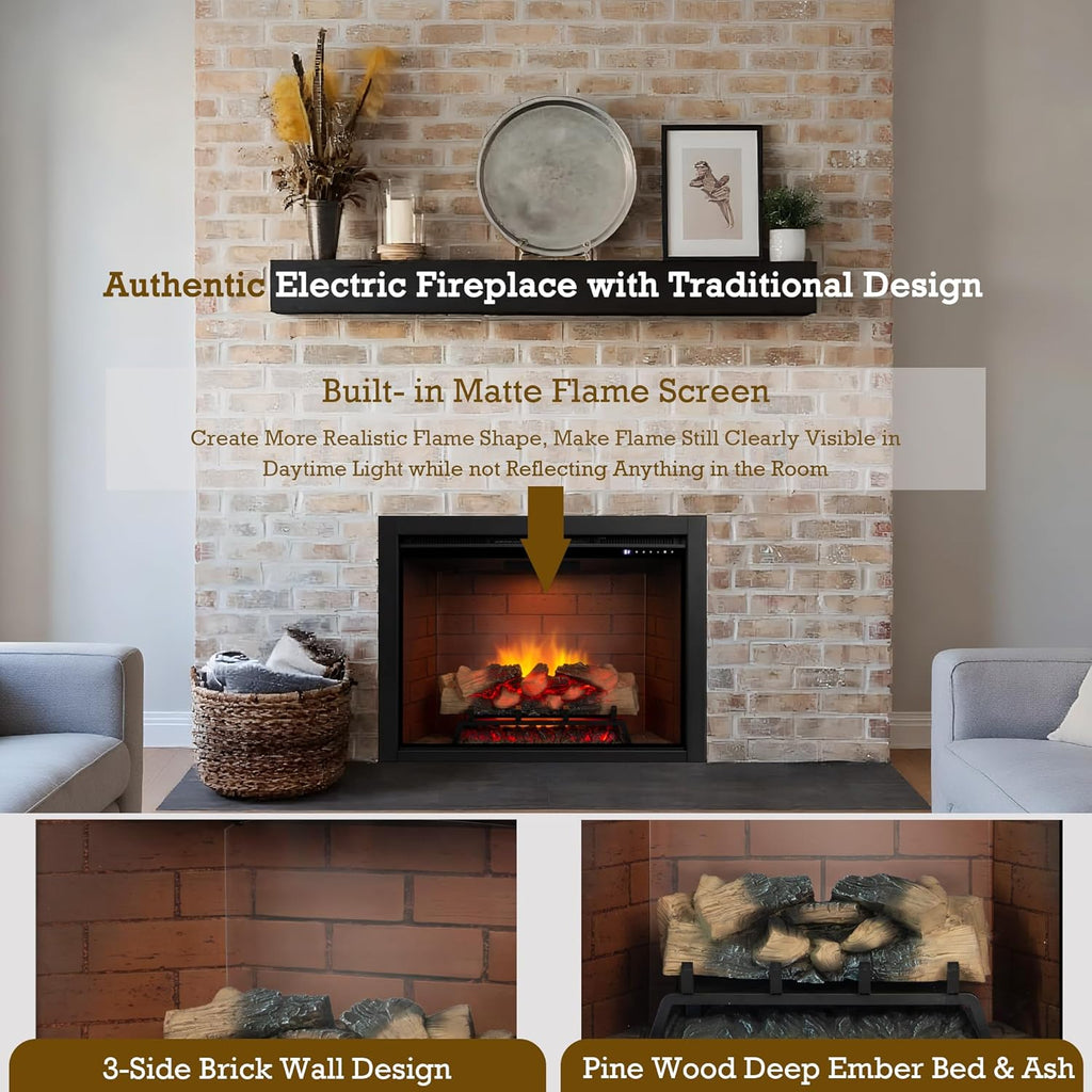 Electric Fireplace Insert w/Top Light, 12×12×12 Flame Color Option with Fire Crackling Sound, 36″W×27″H