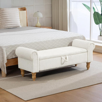 55" Corduroy Storage Ottoman Bench, Queen Bed, White | End of Bed, Bedroom/Entryway/Closet, Window Seat, Lift-Top