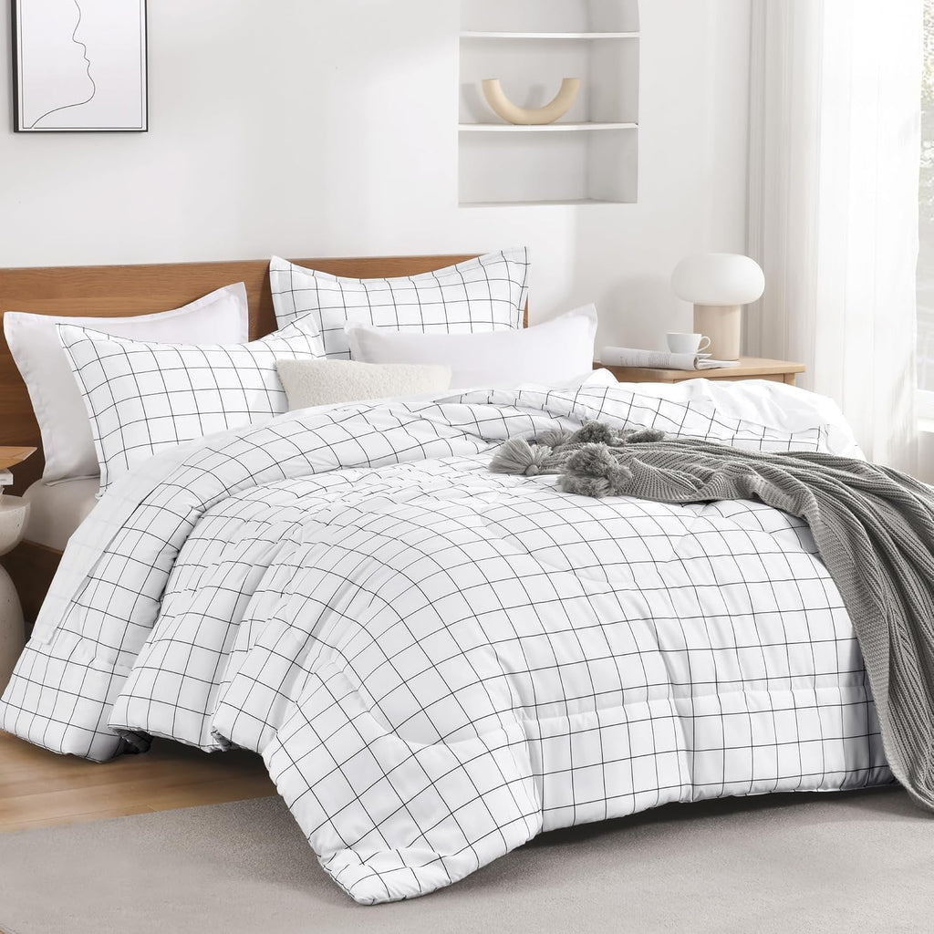 Full Comforter Sets, White Gingham Plaid Grid Checkered Bedding Comforter Set for Teens Boys Girls Kids, 3 Pieces