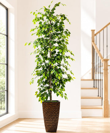 8ft Ficus Tree Artificial in Copper Metal Pot by - Real Wood Trunk, Premium Handmade, Faux Fake Indoor Tree Decor
